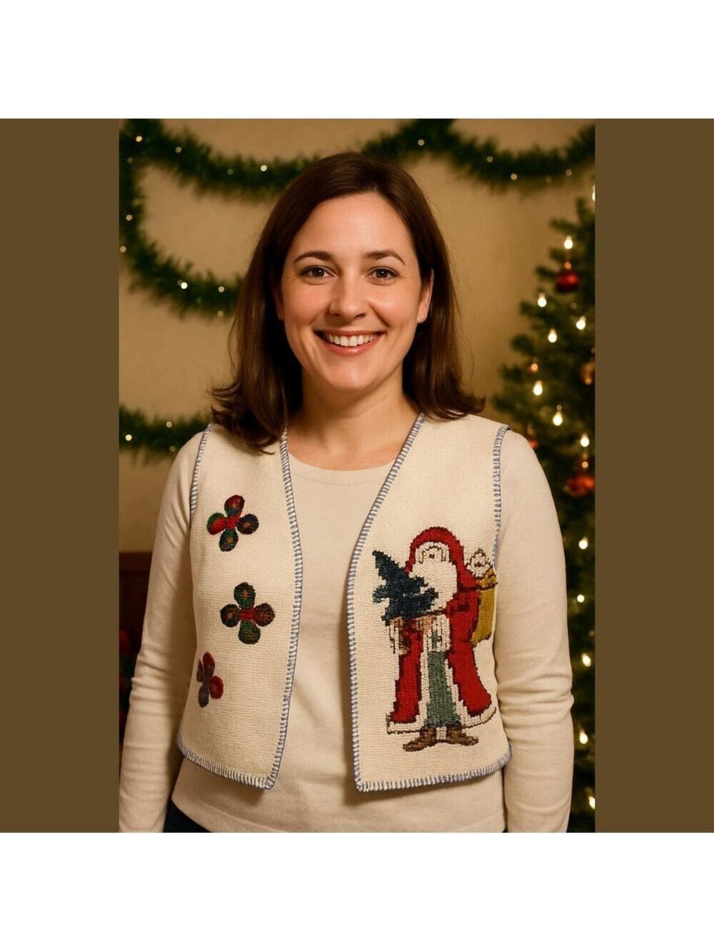 Santa Embroidered Cross Stitch Christmas Sweater Vest cottagecore teacher
